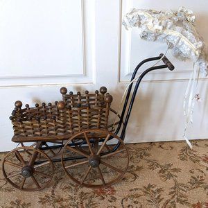 Vintage Wooden Doll Pram and Parasol